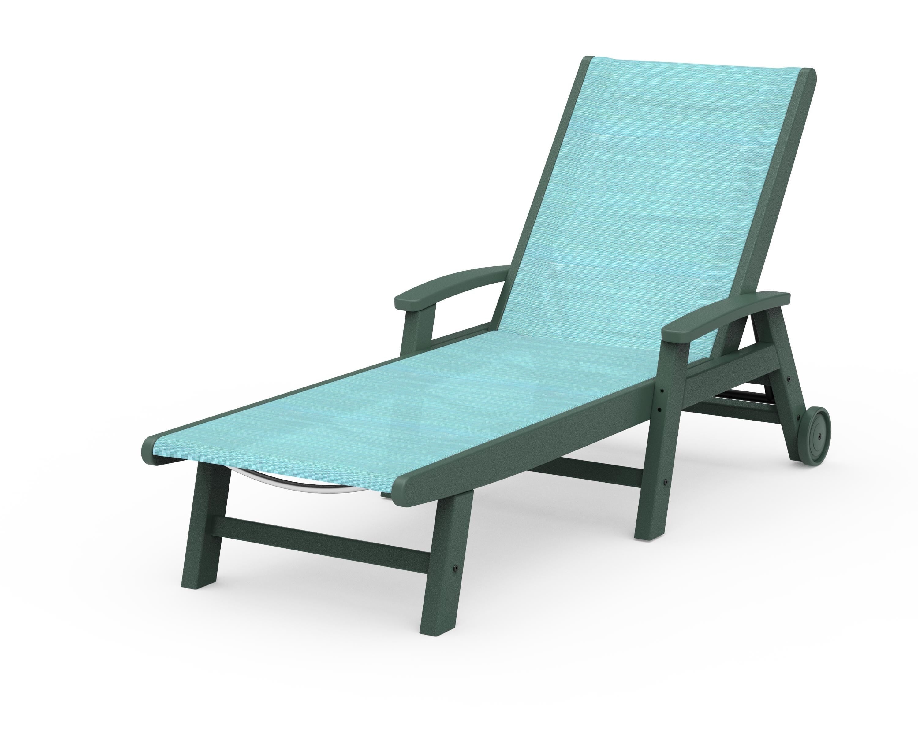 POLYWOOD® Coastal Chaise with Wheels in Green / Dupioni Aquamarine Sling