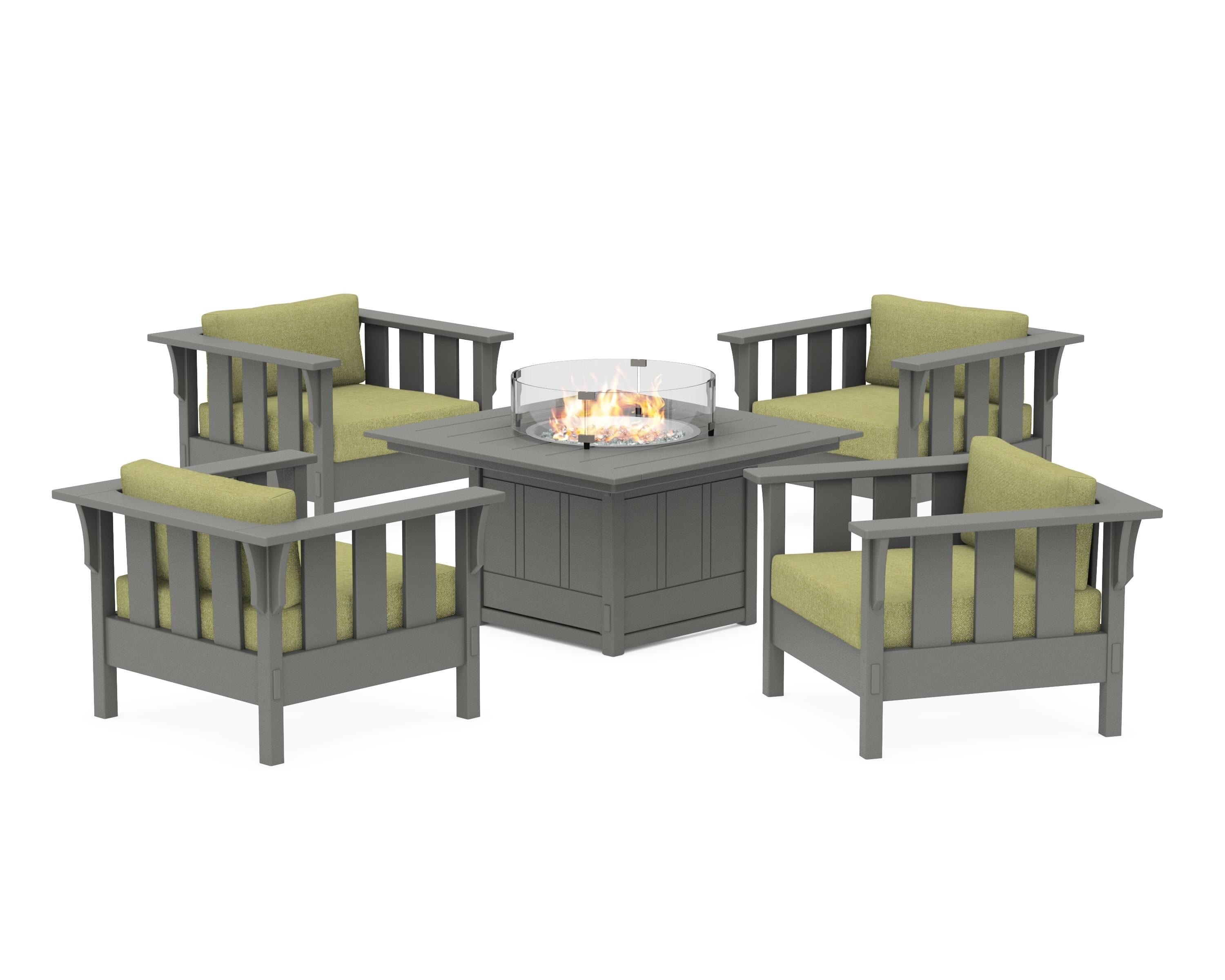 Martha Stewart by POLYWOOD® Acadia 5-Piece Deep Seating Set with Fire Pit Table in Slate Grey / Chartreuse Boucle