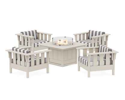 Martha Stewart by POLYWOOD® Acadia 5-Piece Deep Seating Set with Fire Pit Table in Sand / Cabana Stripe Grey Mist