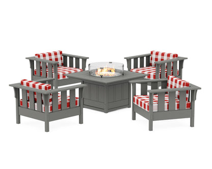 Martha Stewart by POLYWOOD® Acadia 5-Piece Deep Seating Set with Fire Pit Table in Slate Grey / Buffalo Plaid Crimson