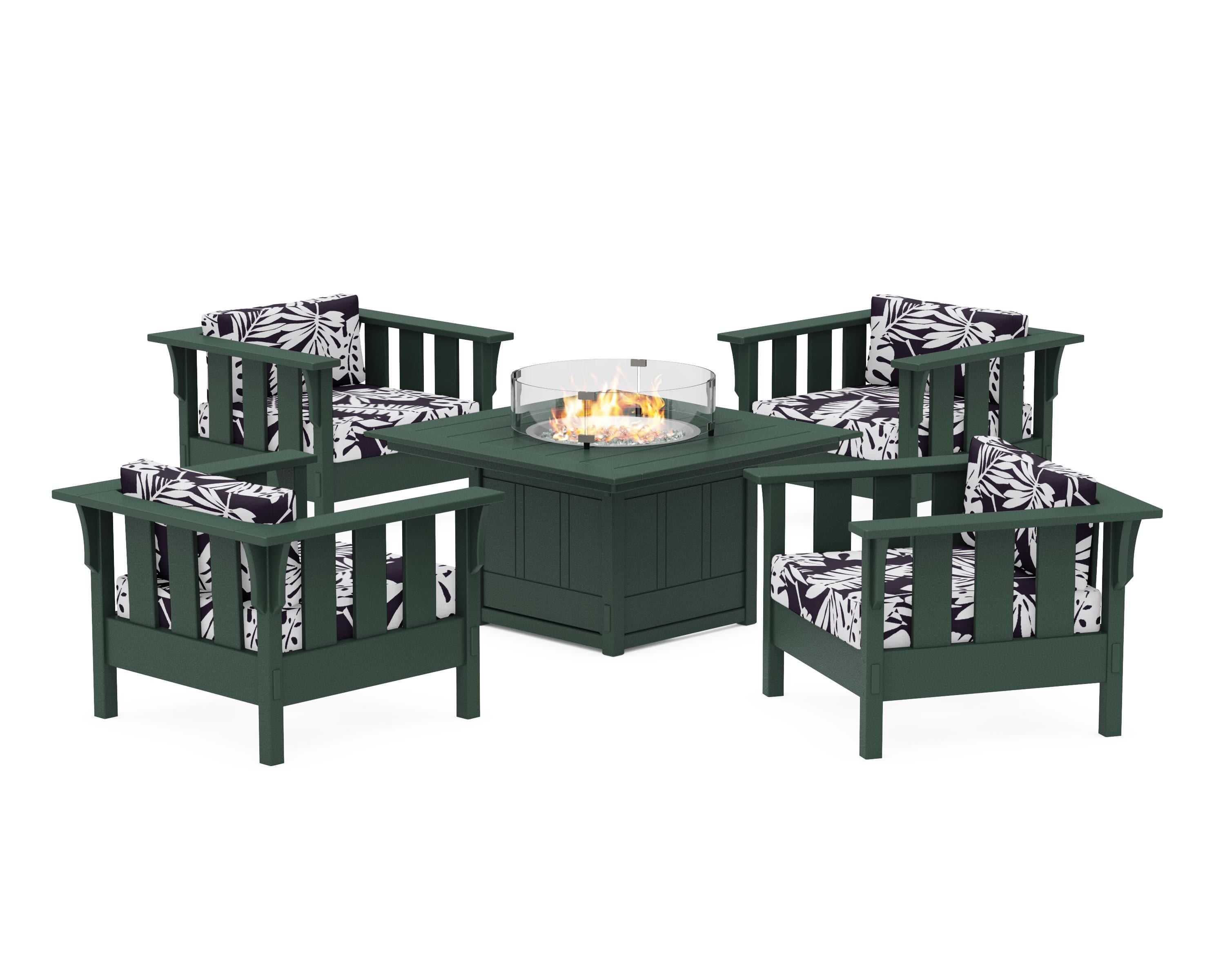 Martha Stewart by POLYWOOD® Acadia 5-Piece Deep Seating Set with Fire Pit Table in Green / Leaf Navy