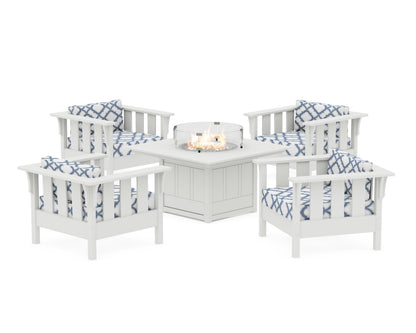 Martha Stewart by POLYWOOD® Acadia 5-Piece Deep Seating Set with Fire Pit Table in White / Trellis Sky Blue