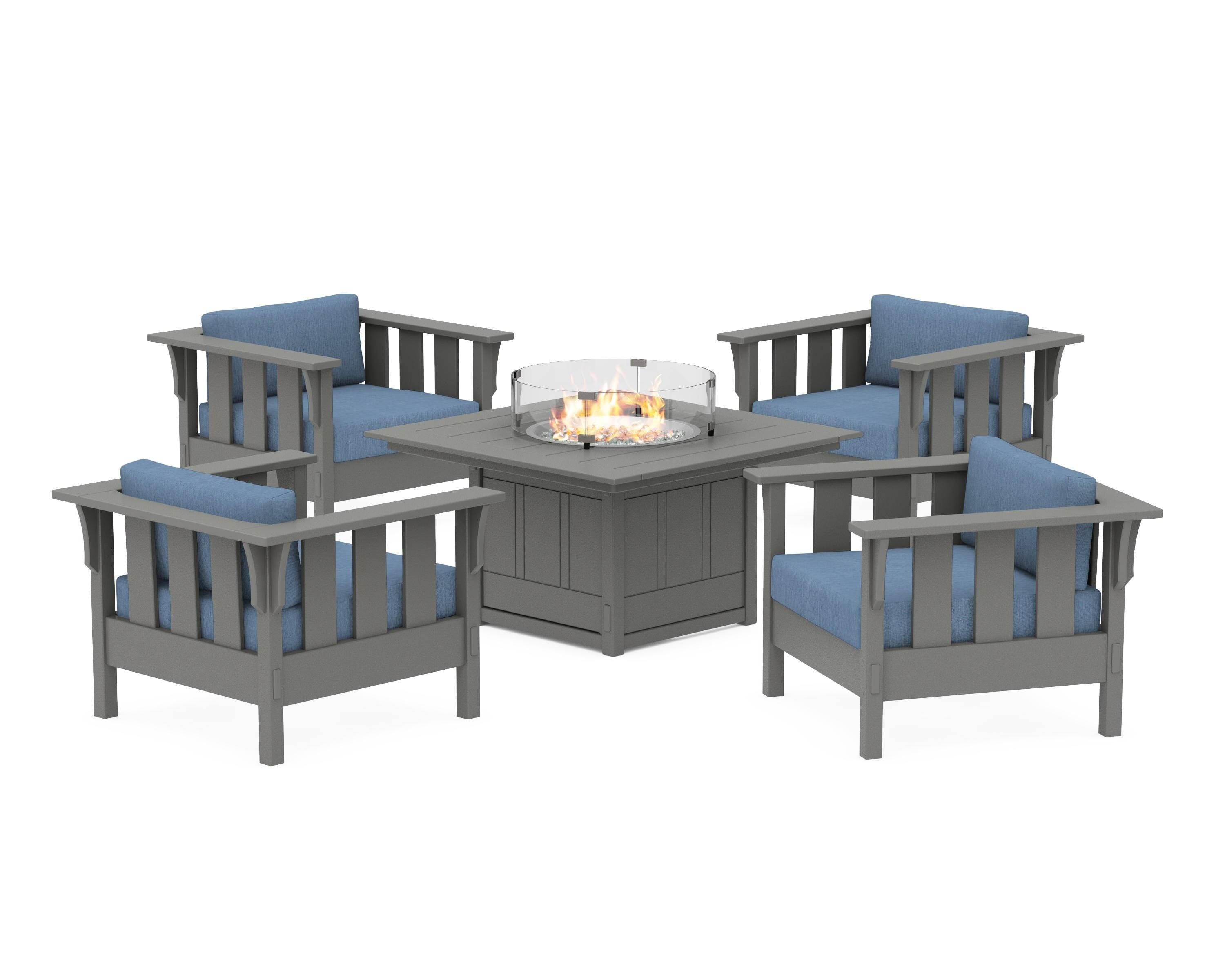 Martha Stewart by POLYWOOD® Acadia 5-Piece Deep Seating Set with Fire Pit Table in Slate Grey / Sky Blue