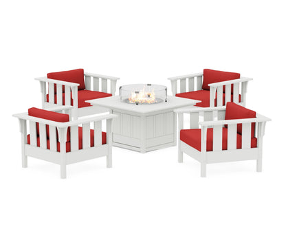 Martha Stewart by POLYWOOD® Acadia 5-Piece Deep Seating Set with Fire Pit Table in White / Crimson Linen