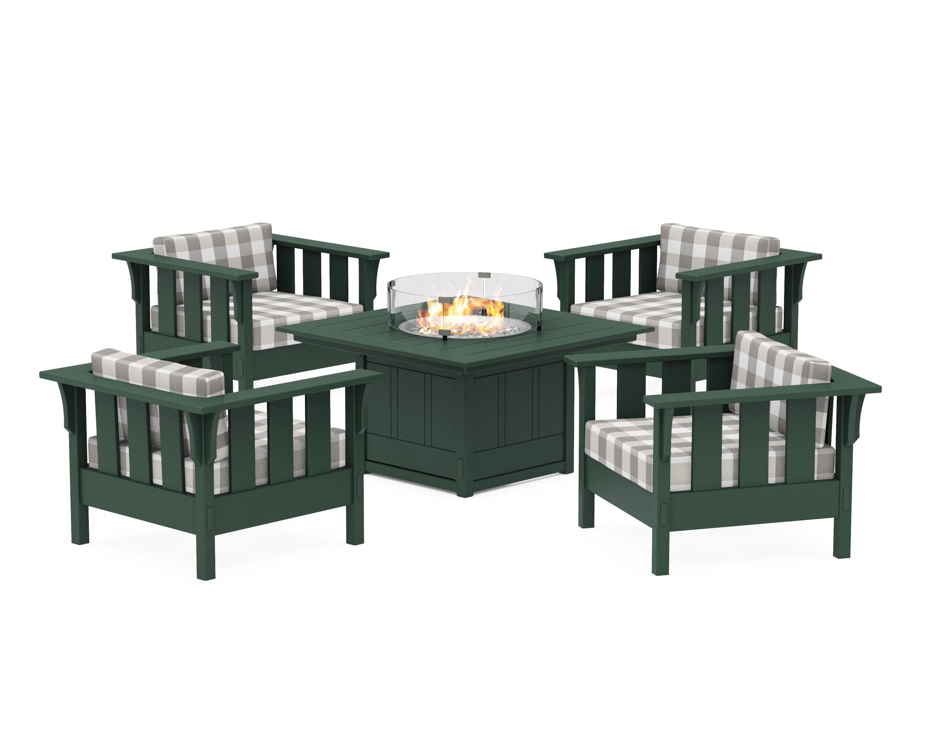 Martha Stewart by POLYWOOD® Acadia 5-Piece Deep Seating Set with Fire Pit Table in Green / Buffalo Plaid Grey Mist