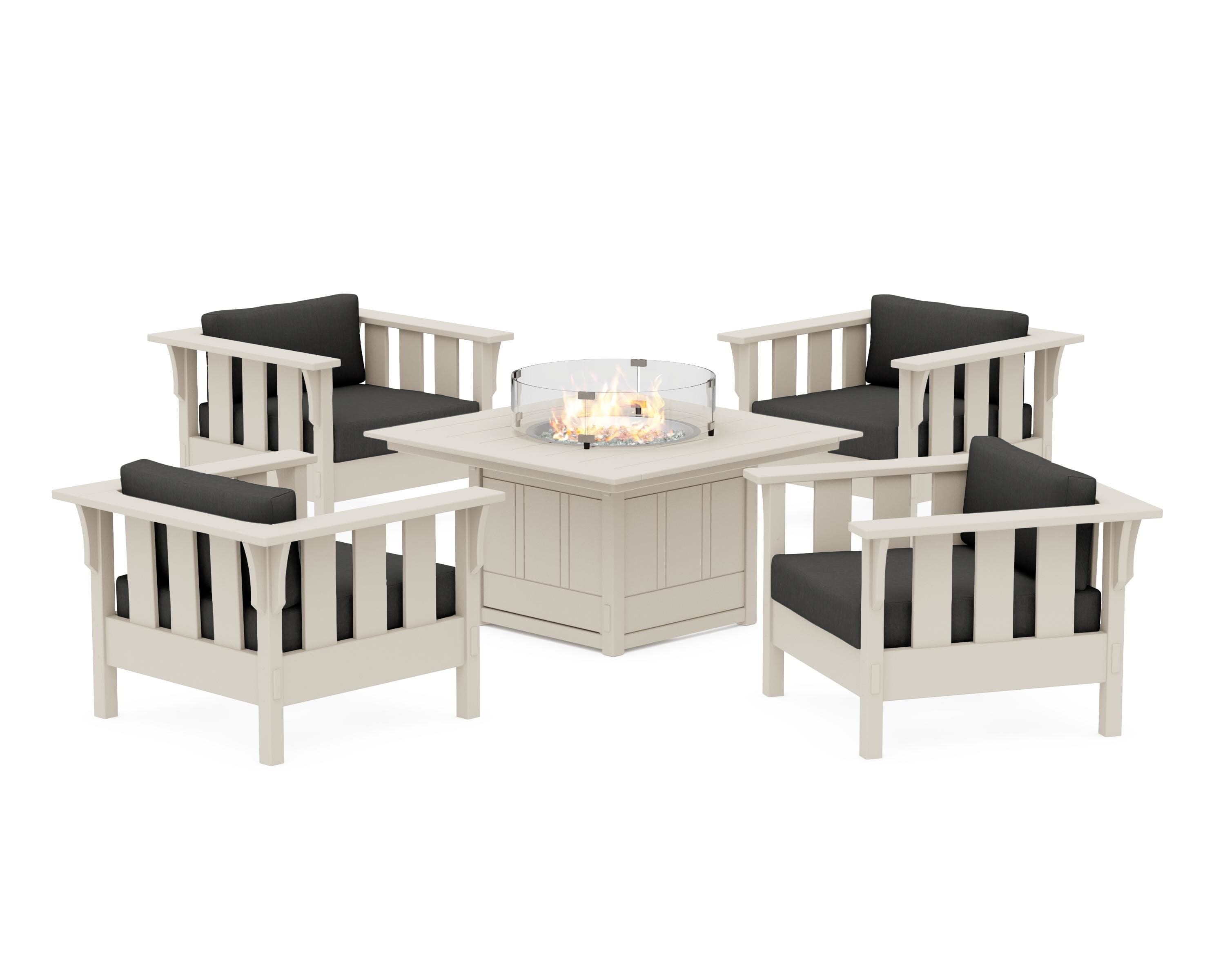 Martha Stewart by POLYWOOD® Acadia 5-Piece Deep Seating Set with Fire Pit Table in Sand / Spectrum Carbon