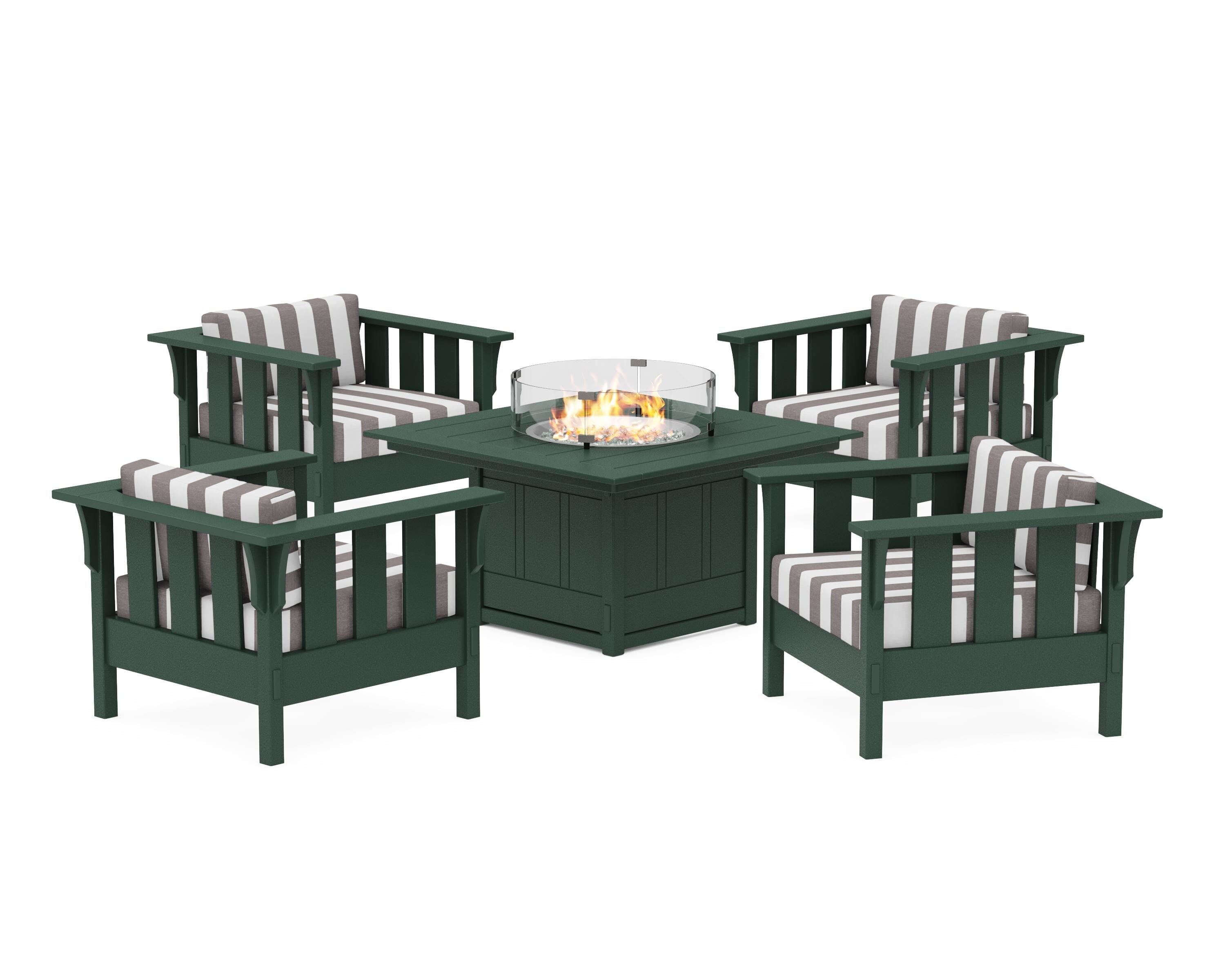Martha Stewart by POLYWOOD® Acadia 5-Piece Deep Seating Set with Fire Pit Table in Green / Cabana Stripe Grey Mist