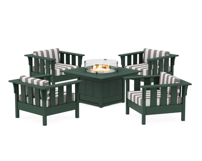 Martha Stewart by POLYWOOD® Acadia 5-Piece Deep Seating Set with Fire Pit Table in Green / Cabana Stripe Grey Mist
