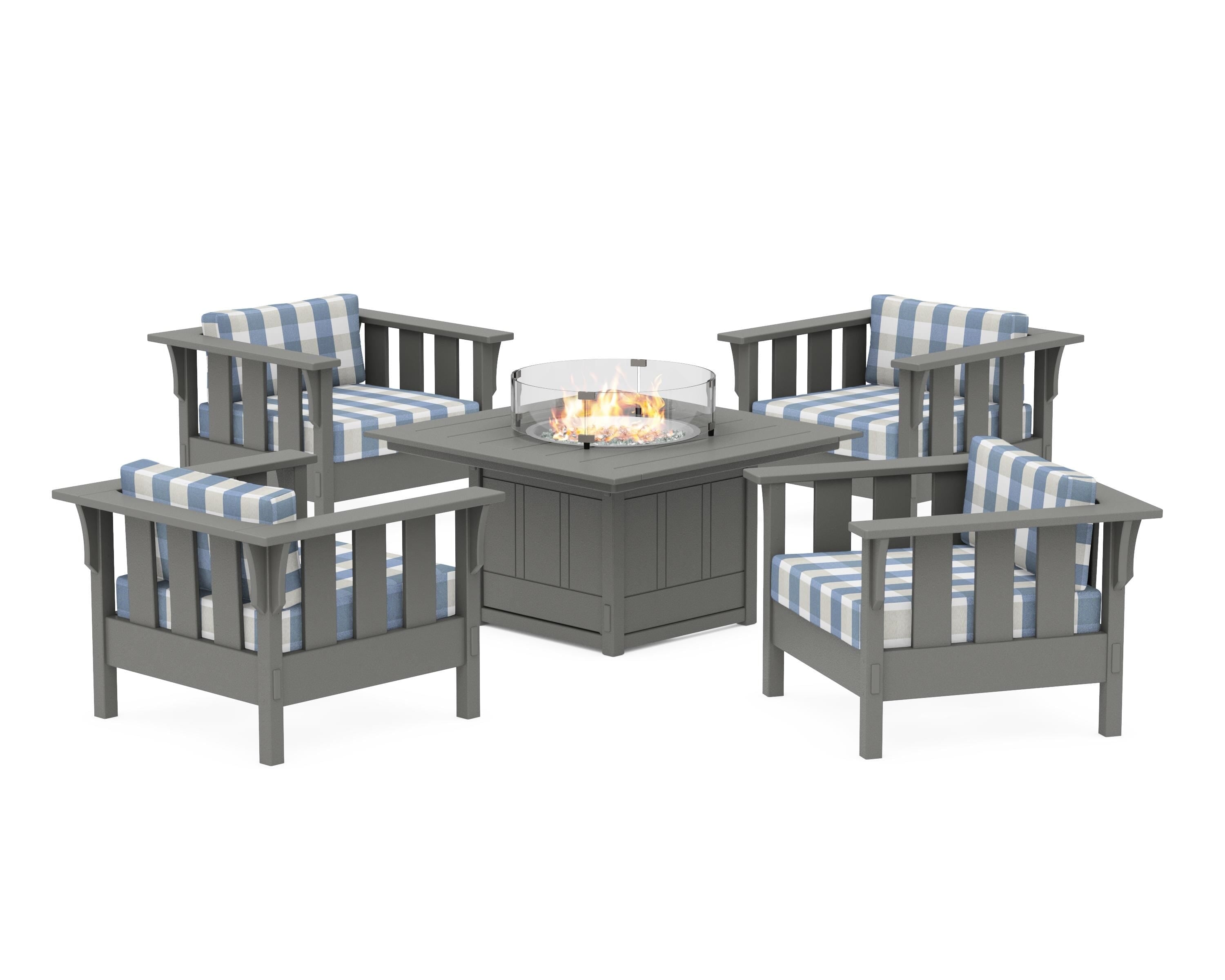 Martha Stewart by POLYWOOD® Acadia 5-Piece Deep Seating Set with Fire Pit Table in Slate Grey / Buffalo Plaid Sky Blue