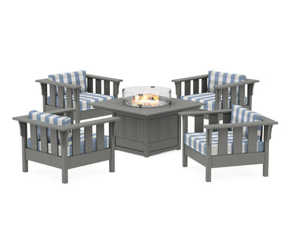 Martha Stewart by POLYWOOD® Acadia 5-Piece Deep Seating Set with Fire Pit Table in Slate Grey / Buffalo Plaid Sky Blue