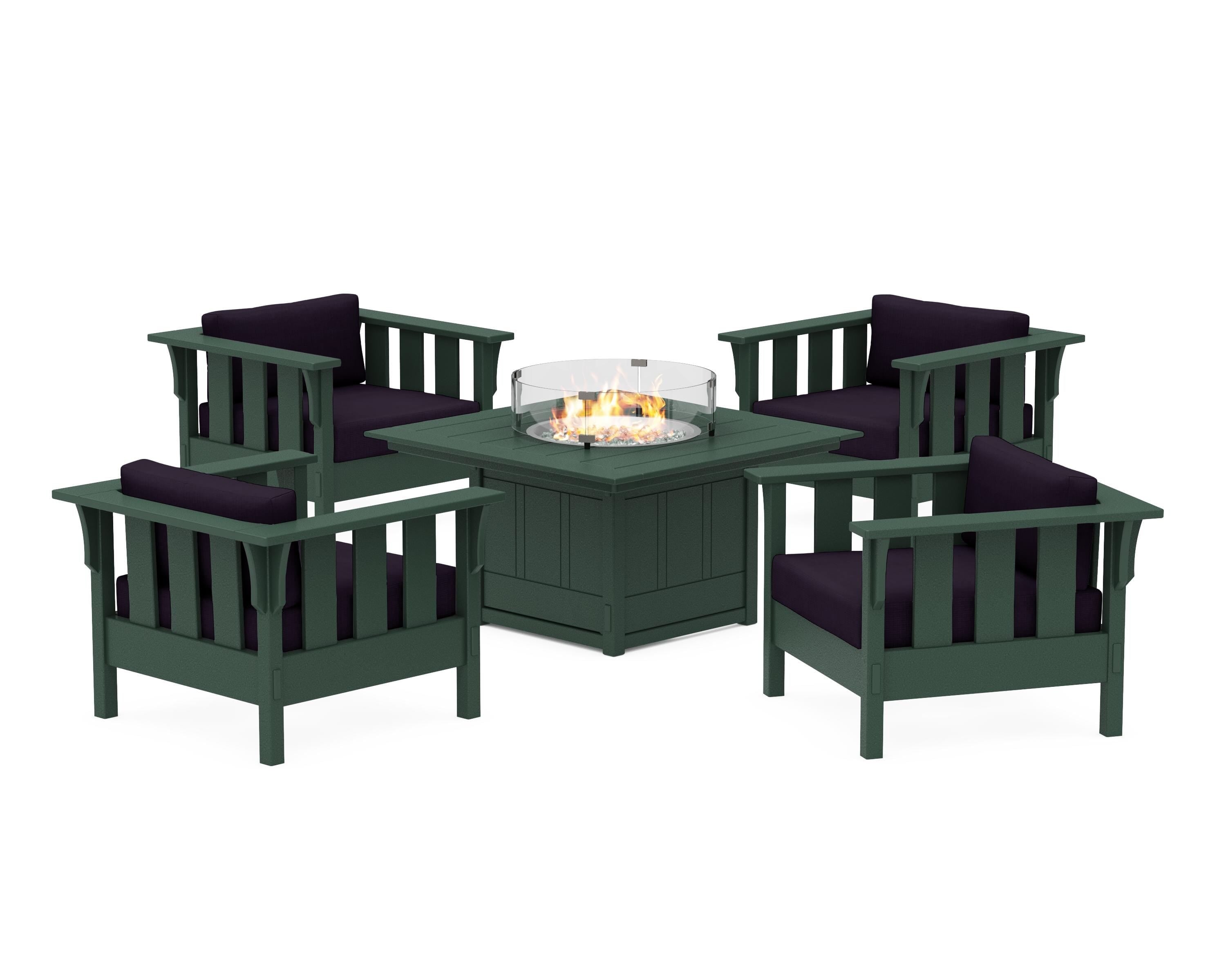 Martha Stewart by POLYWOOD® Acadia 5-Piece Deep Seating Set with Fire Pit Table in Green / Navy Linen