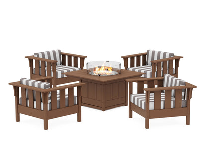 Martha Stewart by POLYWOOD® Acadia 5-Piece Deep Seating Set with Fire Pit Table in Teak / Cabana Stripe Grey Mist