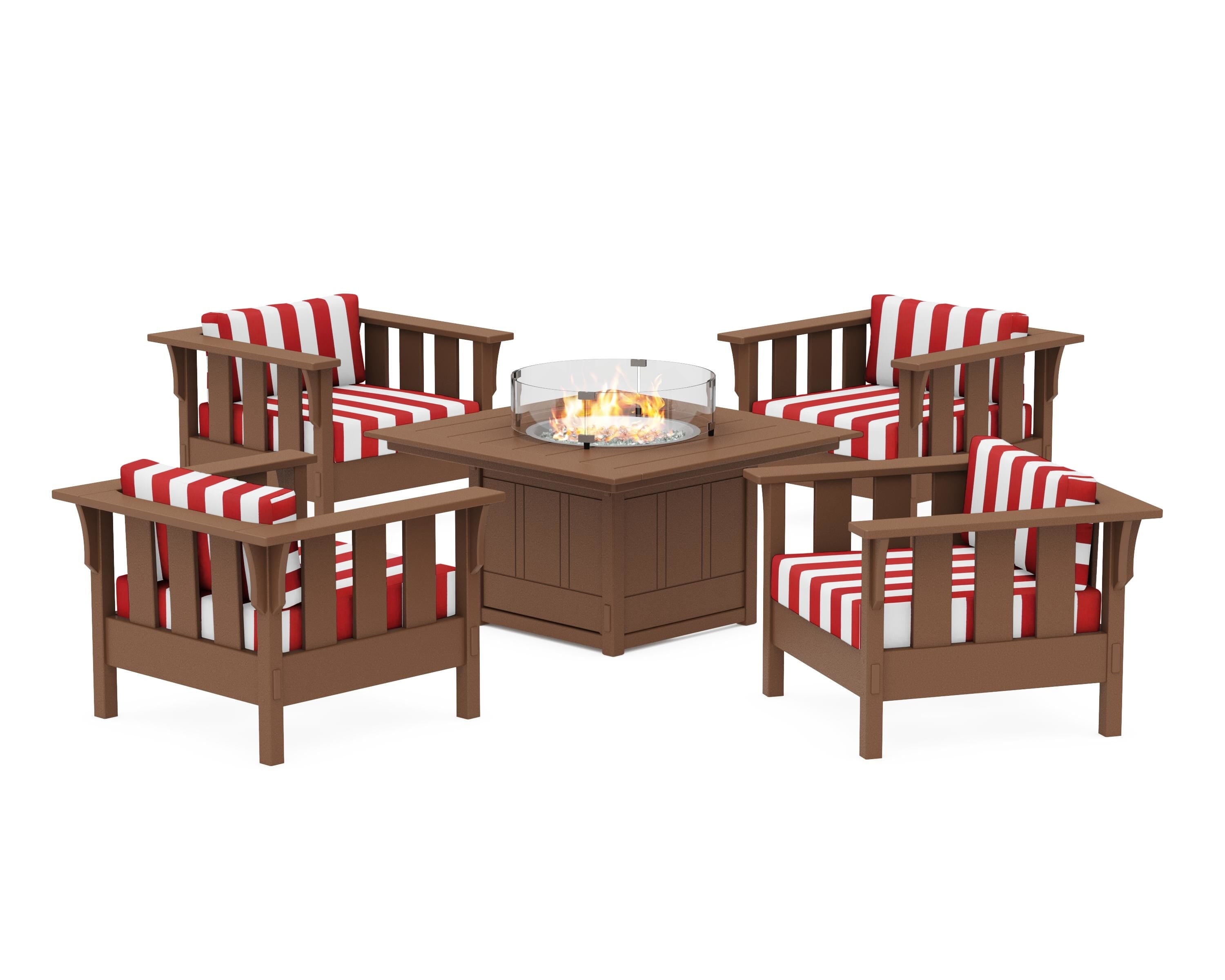 Martha Stewart by POLYWOOD® Acadia 5-Piece Deep Seating Set with Fire Pit Table in Teak / Cabana Stripe Crimson