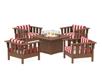 Martha Stewart by POLYWOOD® Acadia 5-Piece Deep Seating Set with Fire Pit Table in Teak / Cabana Stripe Crimson