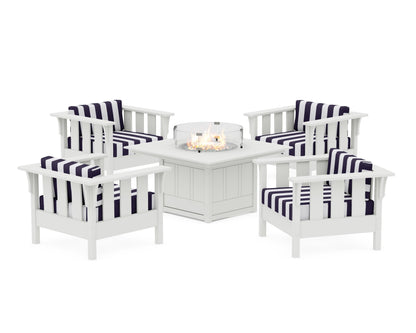 Martha Stewart by POLYWOOD® Acadia 5-Piece Deep Seating Set with Fire Pit Table in White / Cabana Stripe Navy