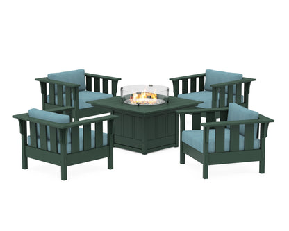 Martha Stewart by POLYWOOD® Acadia 5-Piece Deep Seating Set with Fire Pit Table in Green / Lattice Sky Blue