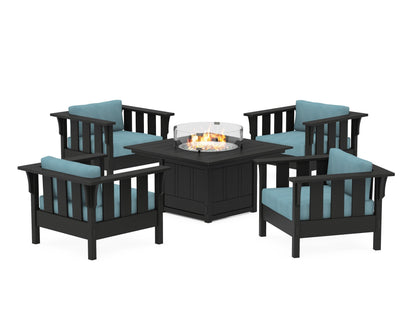 Martha Stewart by POLYWOOD® Acadia 5-Piece Deep Seating Set with Fire Pit Table in Black / Lattice Sky Blue