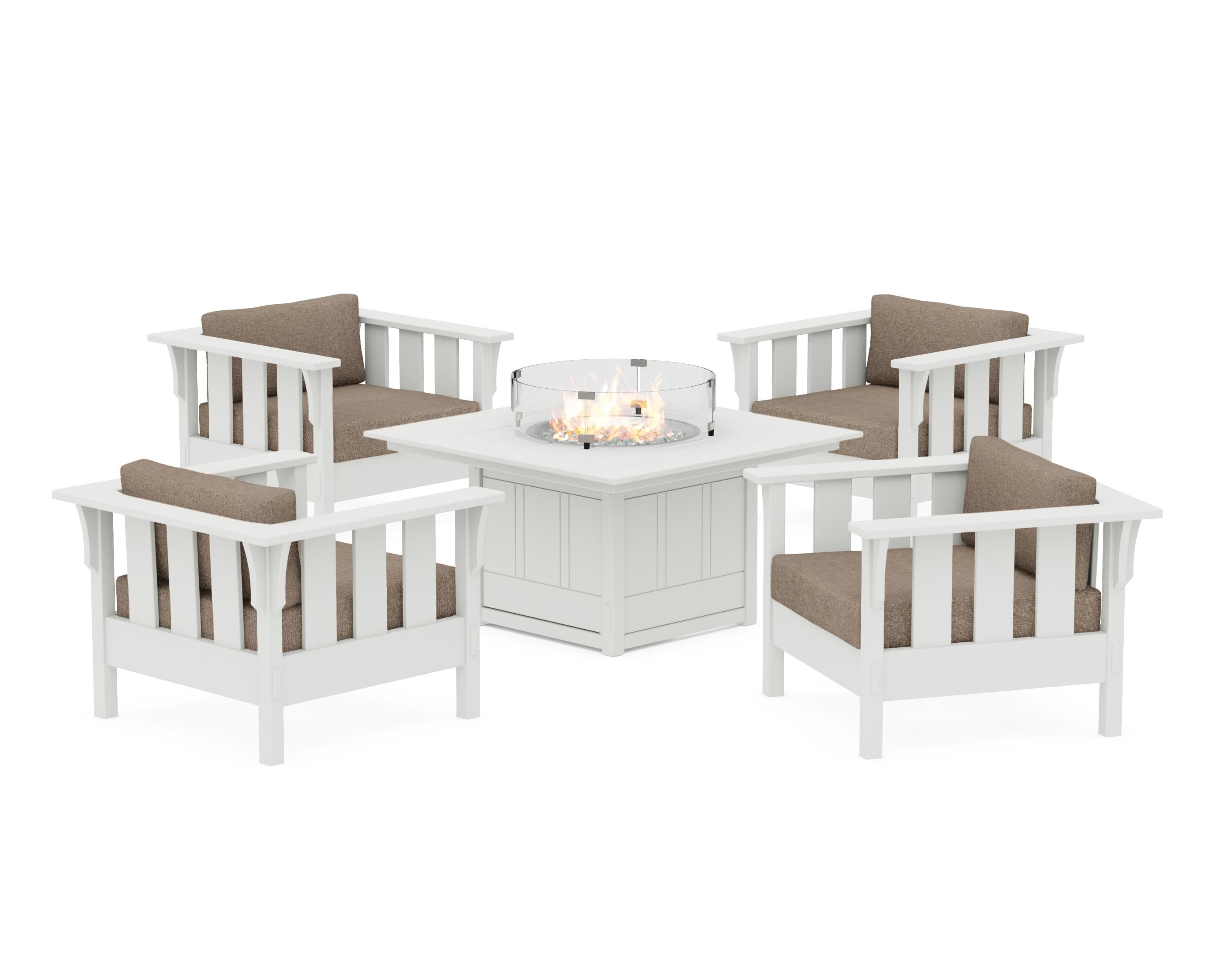 Martha Stewart by POLYWOOD® Acadia 5-Piece Deep Seating Set with Fire Pit Table in White / Spiced Burlap