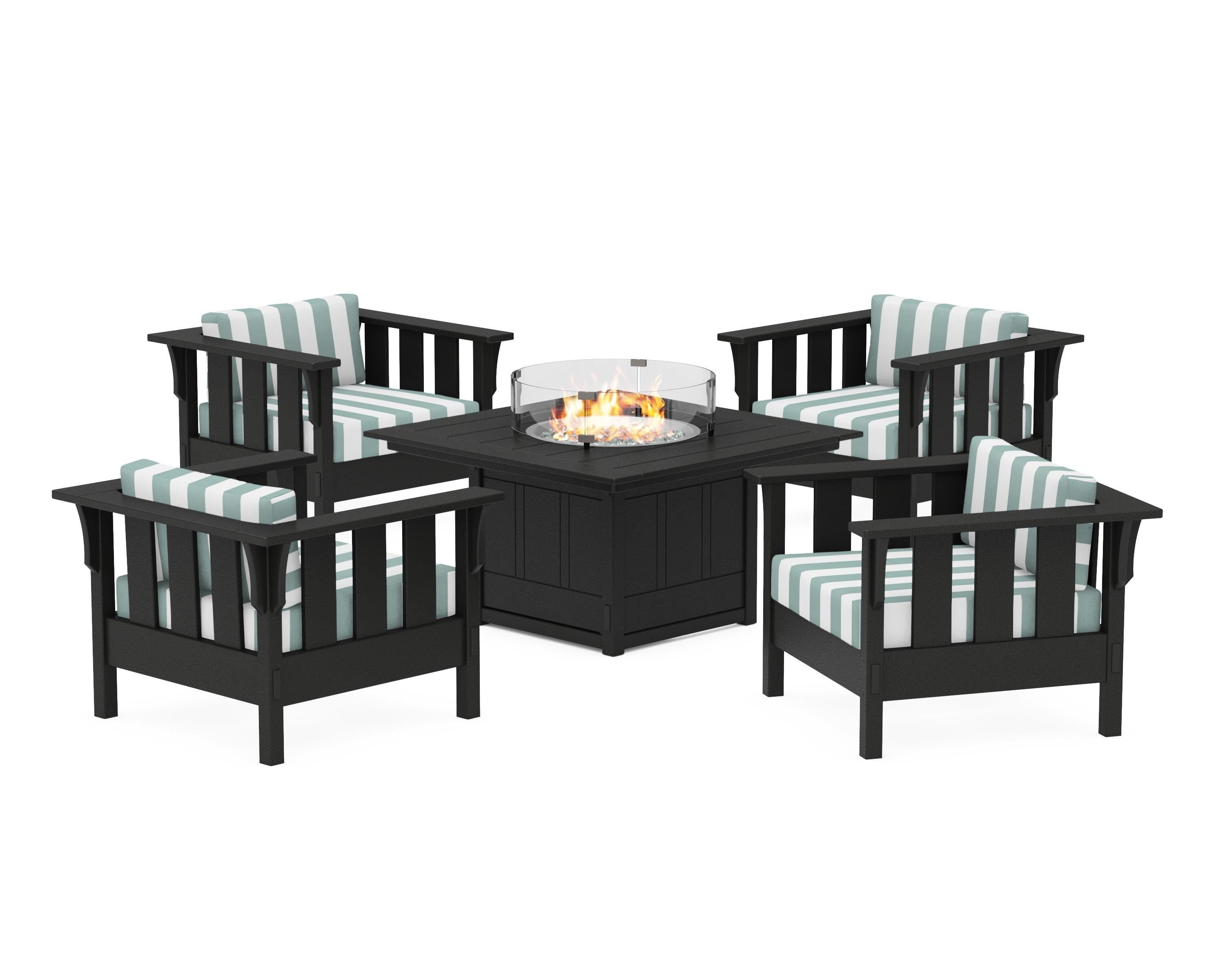 Martha Stewart by POLYWOOD® Acadia 5-Piece Deep Seating Set with Fire Pit Table in Black / Cabana Stripe Glacier Spa