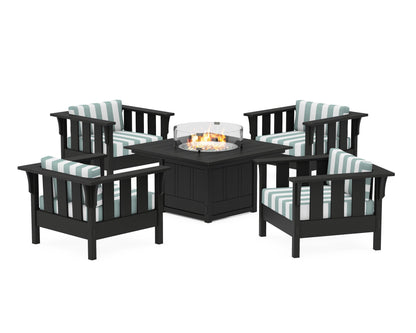 Martha Stewart by POLYWOOD® Acadia 5-Piece Deep Seating Set with Fire Pit Table in Black / Cabana Stripe Glacier Spa