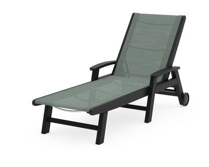 POLYWOOD® Coastal Chaise with Wheels in Black / Dupioni Sea Mist Sling