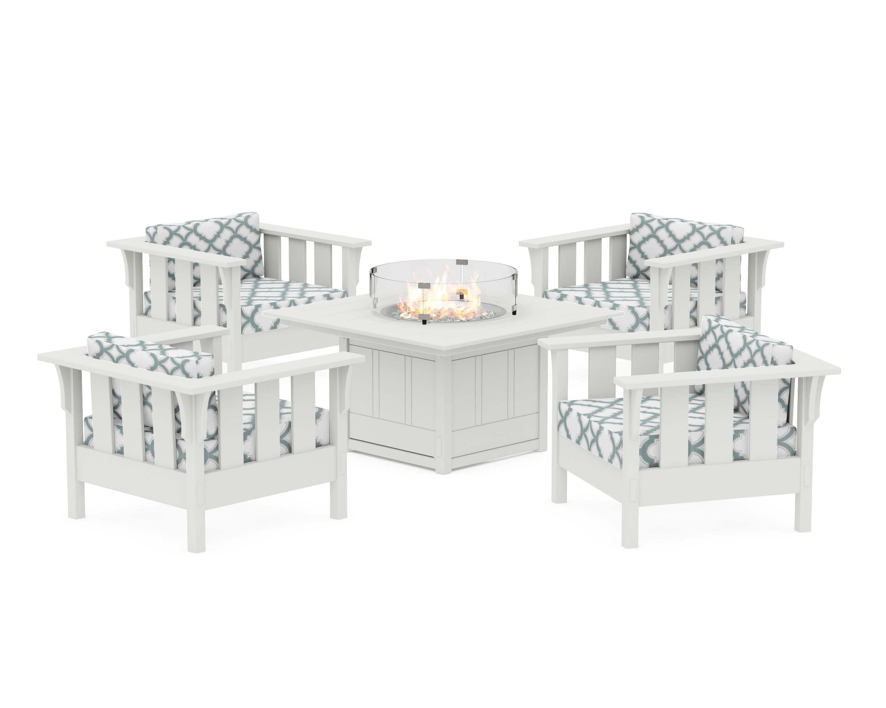 Martha Stewart by POLYWOOD® Acadia 5-Piece Deep Seating Set with Fire Pit Table in White / Trellis Glacier Spa