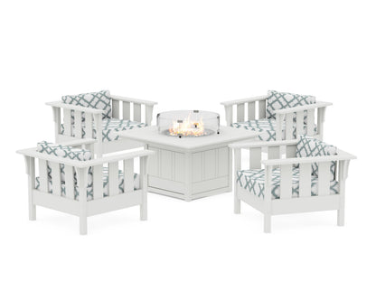 Martha Stewart by POLYWOOD® Acadia 5-Piece Deep Seating Set with Fire Pit Table in White / Trellis Glacier Spa