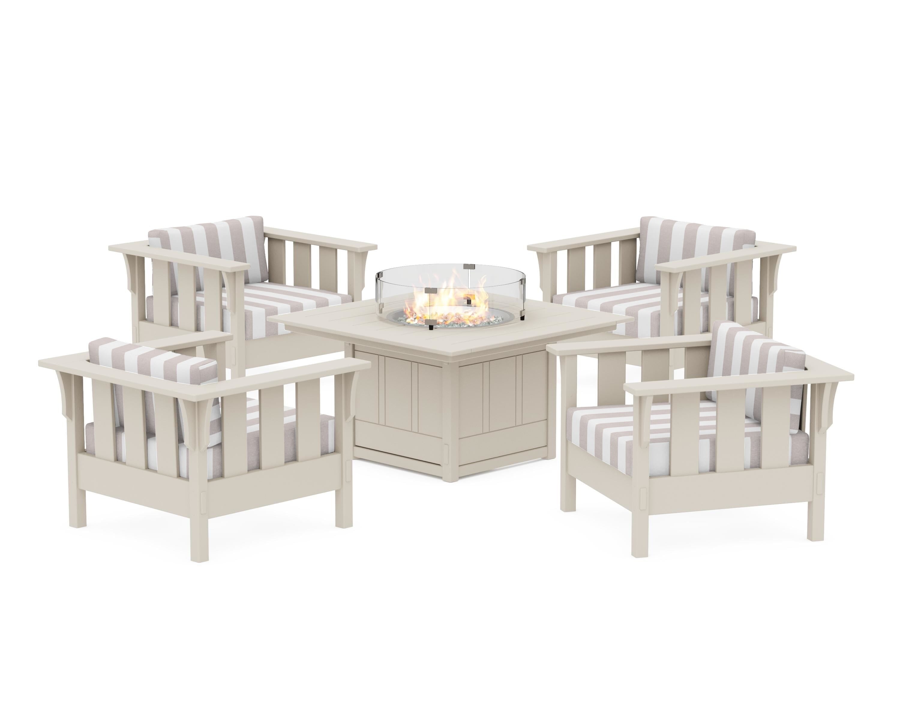 Martha Stewart by POLYWOOD® Acadia 5-Piece Deep Seating Set with Fire Pit Table in Sand / Cabana Stripe Dune Burlap