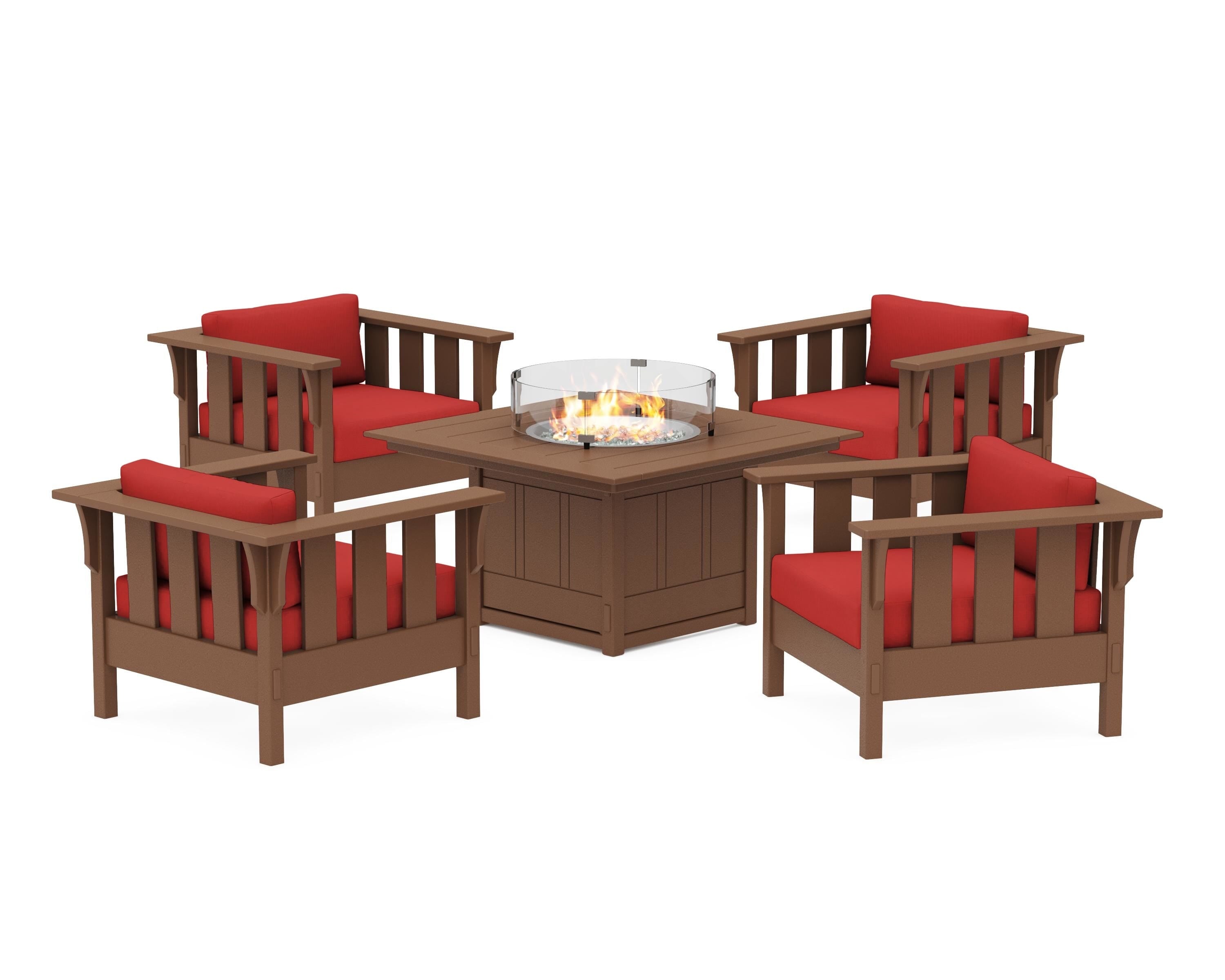 Martha Stewart by POLYWOOD® Acadia 5-Piece Deep Seating Set with Fire Pit Table in Teak / Crimson Linen