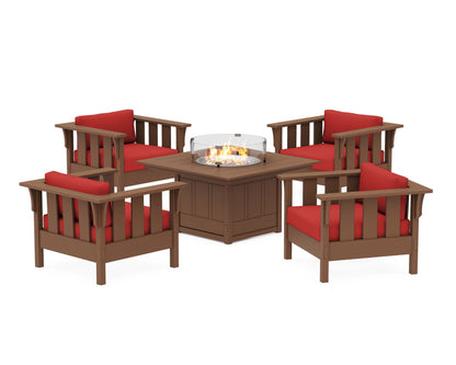 Martha Stewart by POLYWOOD® Acadia 5-Piece Deep Seating Set with Fire Pit Table in Teak / Crimson Linen