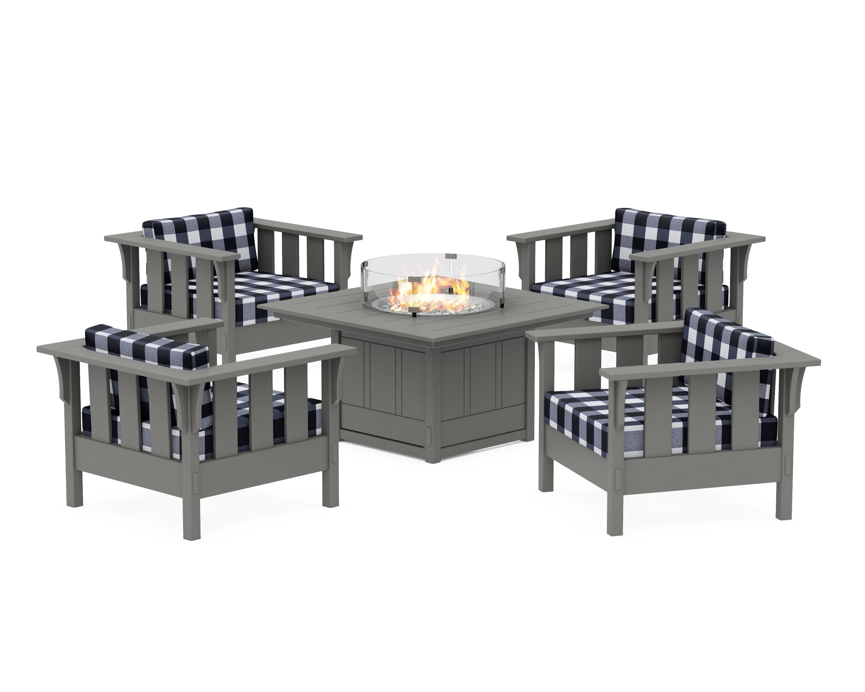 Martha Stewart by POLYWOOD® Acadia 5-Piece Deep Seating Set with Fire Pit Table in Slate Grey / Buffalo Plaid Marine Indigo
