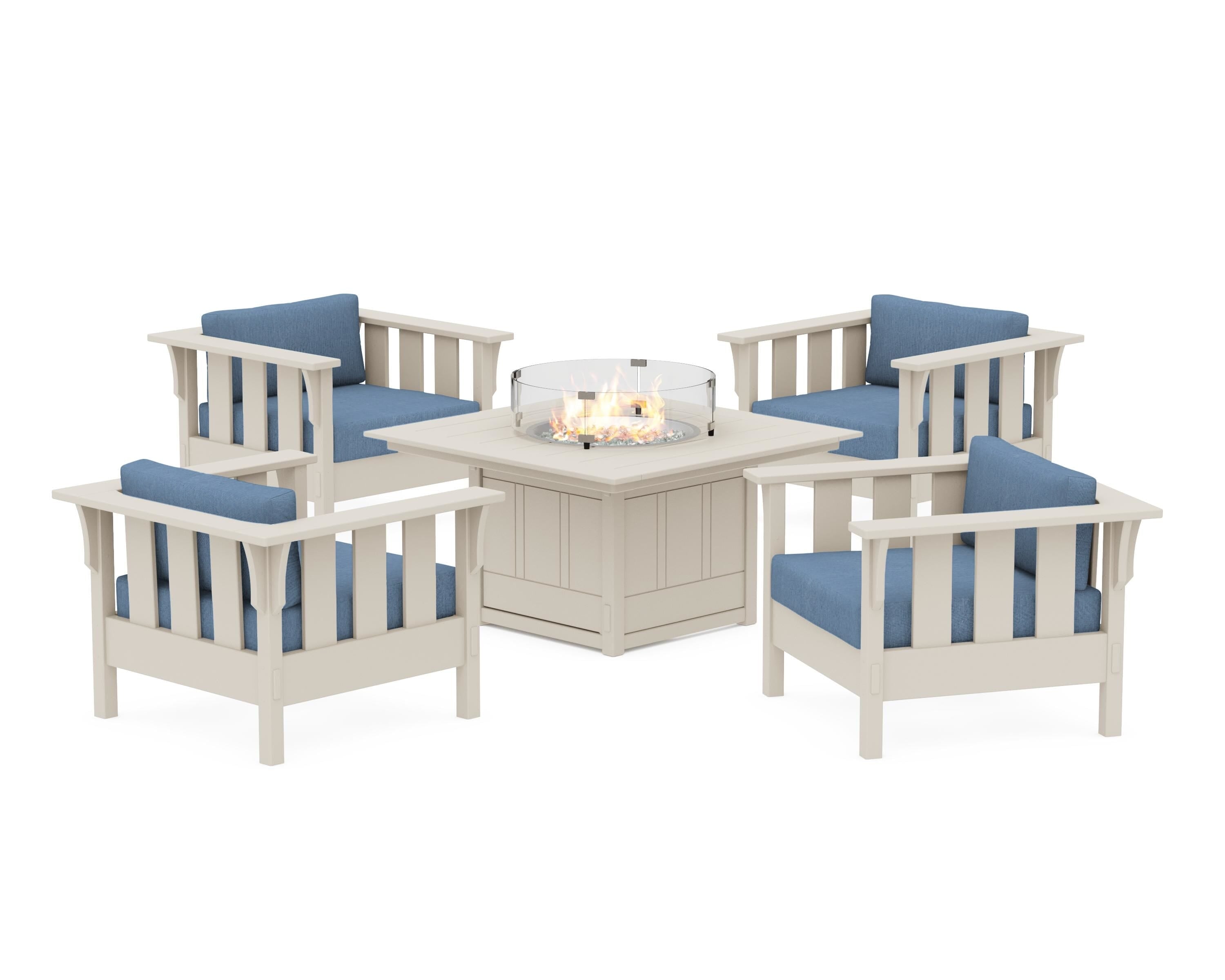 Martha Stewart by POLYWOOD® Acadia 5-Piece Deep Seating Set with Fire Pit Table in Sand / Sky Blue