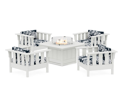 Martha Stewart by POLYWOOD® Acadia 5-Piece Deep Seating Set with Fire Pit Table in White / Leaf Marine Indigo