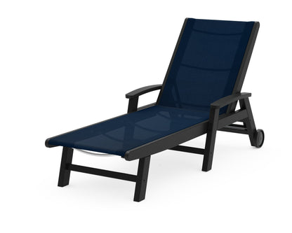 POLYWOOD® Coastal Chaise with Wheels in Black / Navy Blue Sling