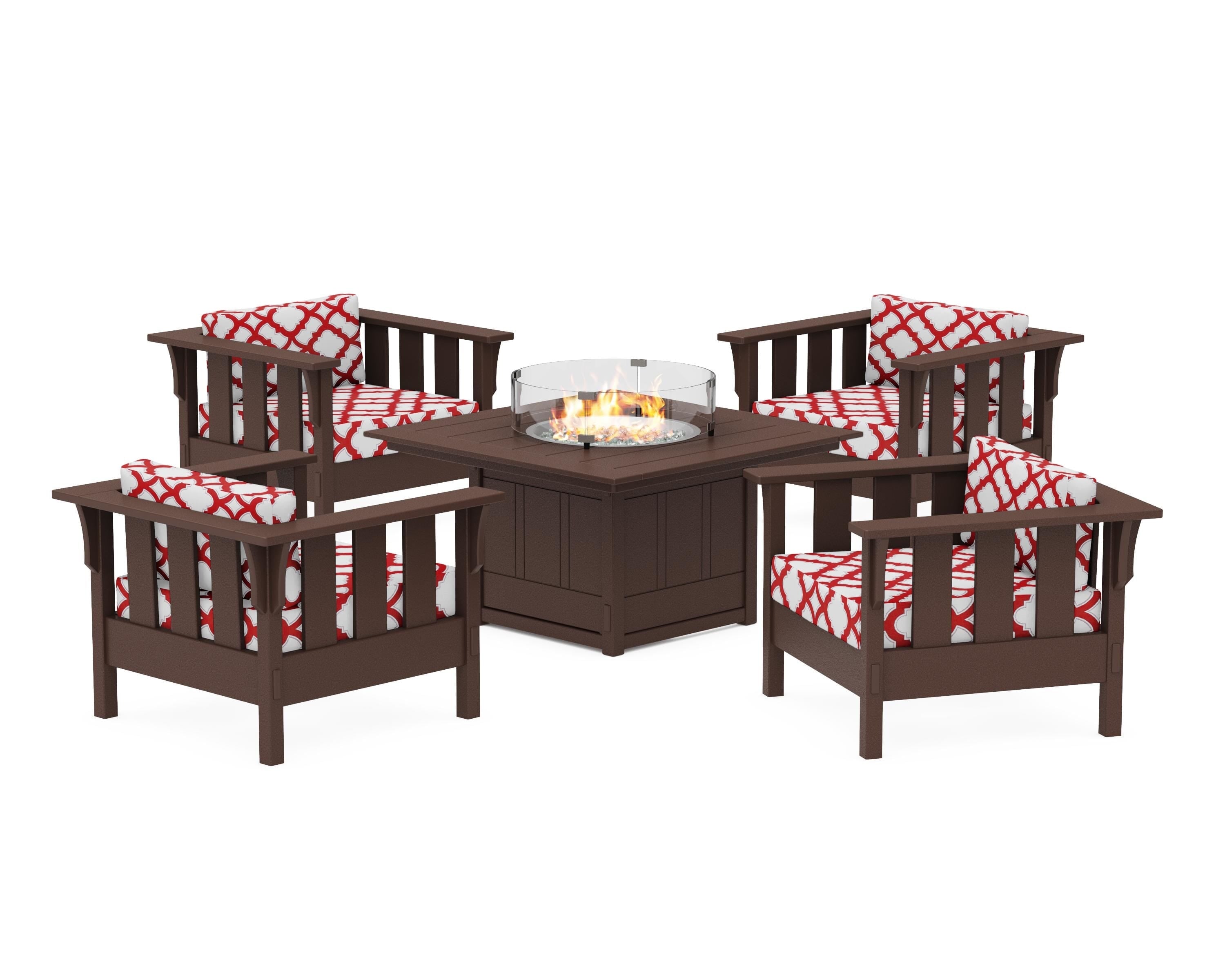 Martha Stewart by POLYWOOD® Acadia 5-Piece Deep Seating Set with Fire Pit Table in Mahogany / Trellis Crimson