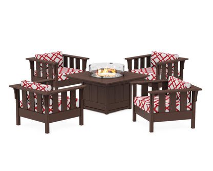 Martha Stewart by POLYWOOD® Acadia 5-Piece Deep Seating Set with Fire Pit Table in Mahogany / Trellis Crimson