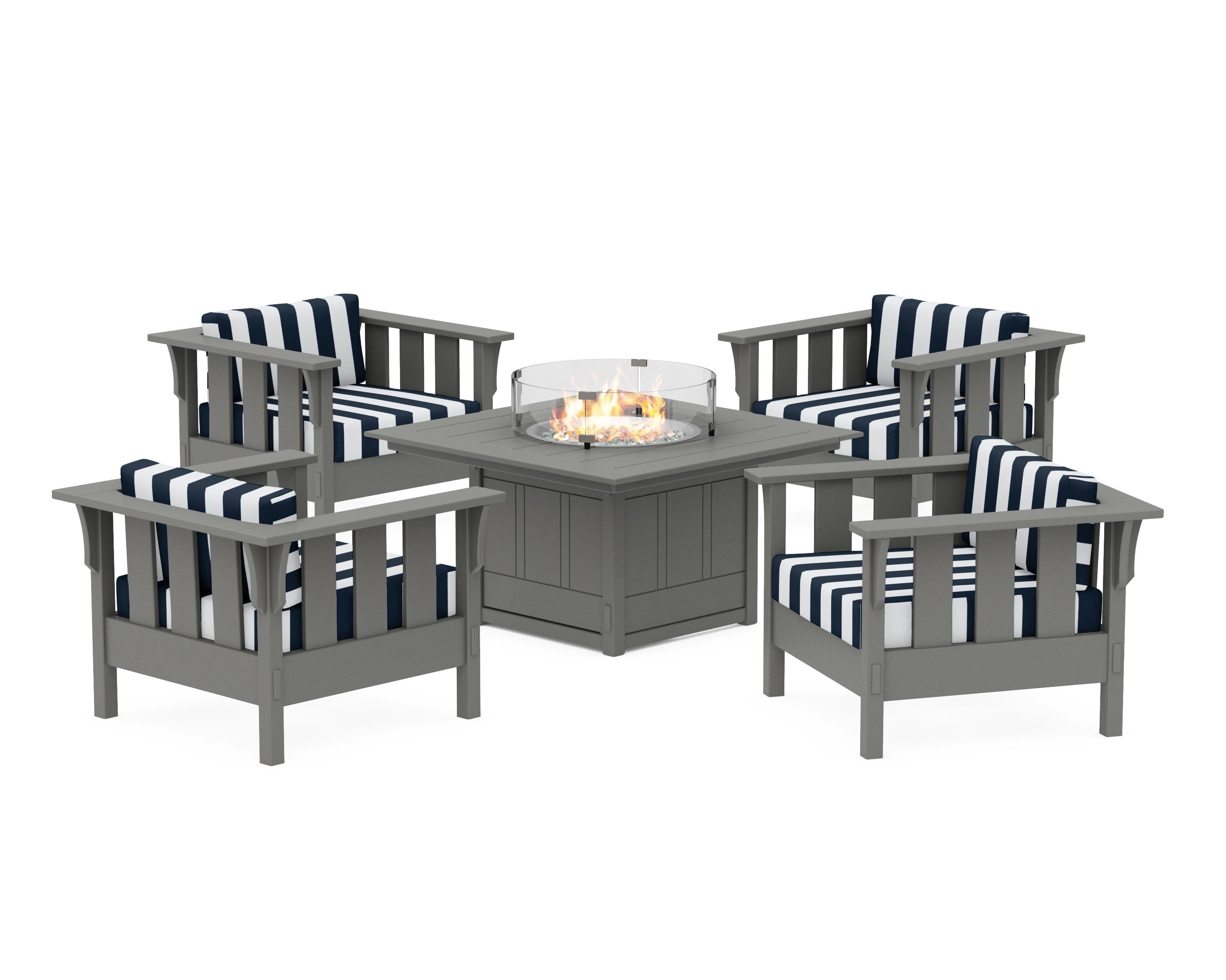 Martha Stewart by POLYWOOD® Acadia 5-Piece Deep Seating Set with Fire Pit Table in Slate Grey / Cabana Stripe Marine Indigo