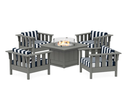 Martha Stewart by POLYWOOD® Acadia 5-Piece Deep Seating Set with Fire Pit Table in Slate Grey / Cabana Stripe Marine Indigo