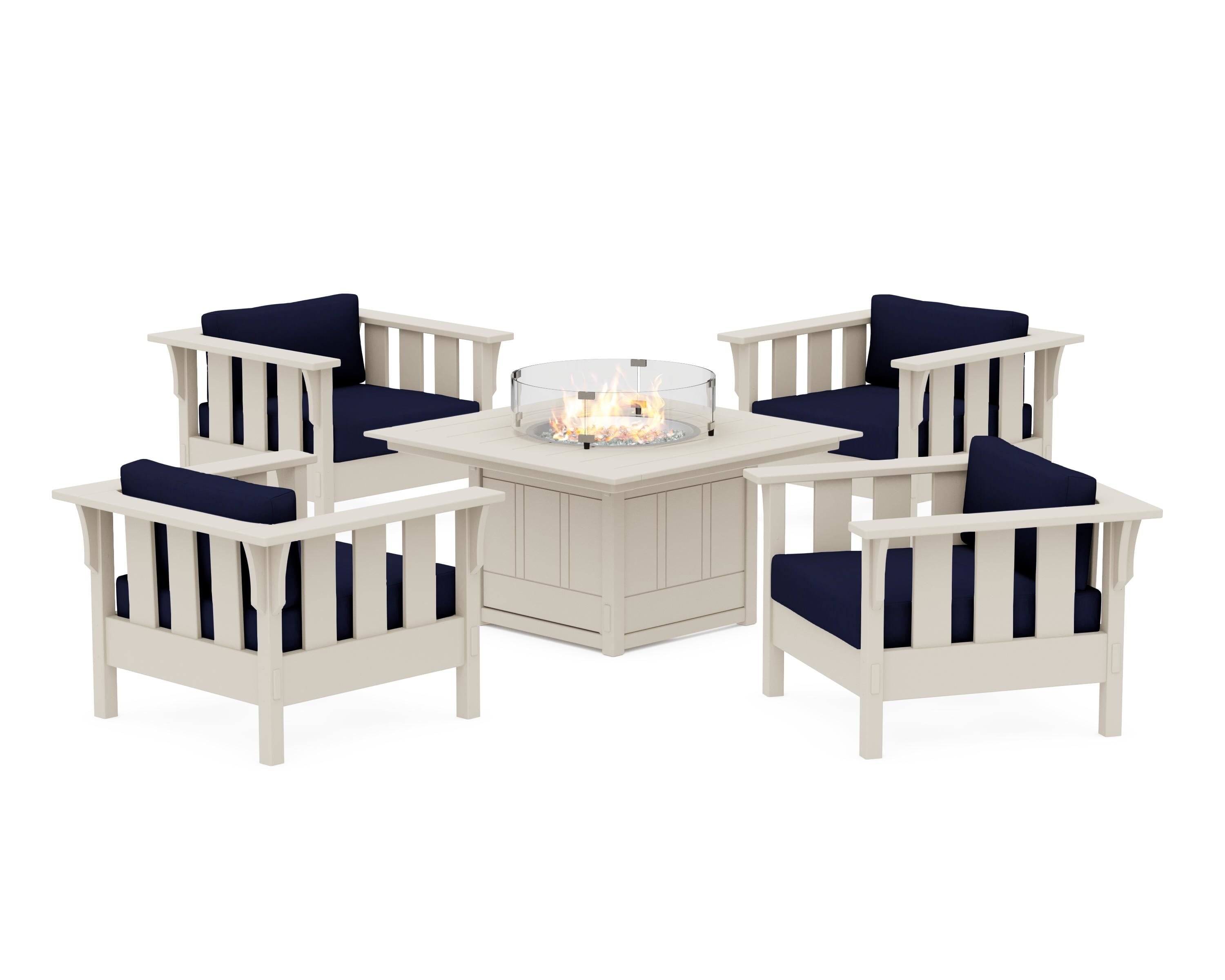 Martha Stewart by POLYWOOD® Acadia 5-Piece Deep Seating Set with Fire Pit Table in Sand / Navy