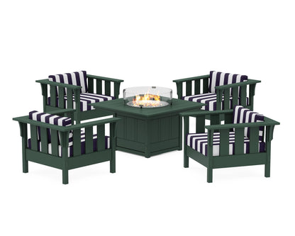 Martha Stewart by POLYWOOD® Acadia 5-Piece Deep Seating Set with Fire Pit Table in Green / Cabana Stripe Navy
