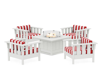 Martha Stewart by POLYWOOD® Acadia 5-Piece Deep Seating Set with Fire Pit Table in White / Cabana Stripe Crimson
