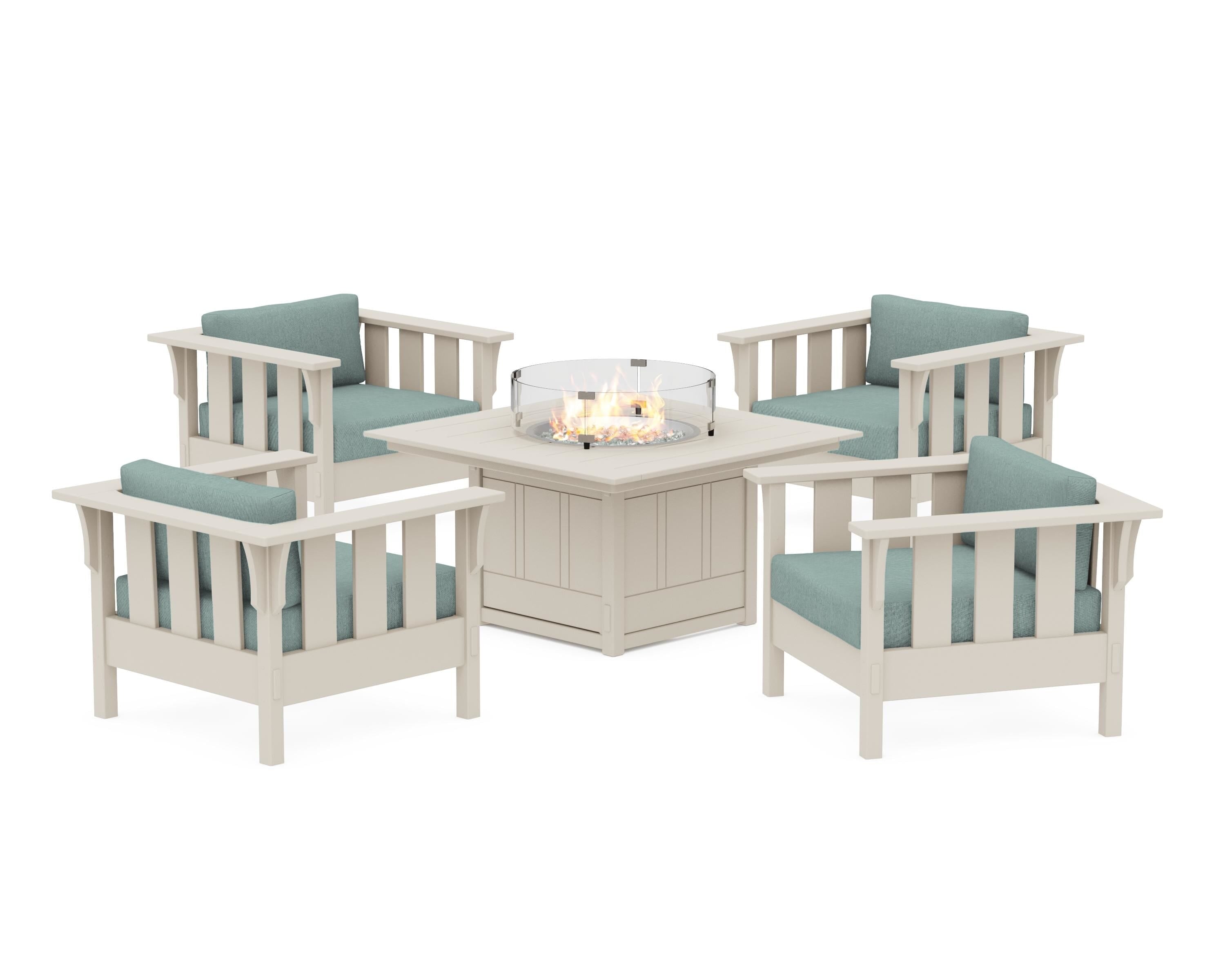 Martha Stewart by POLYWOOD® Acadia 5-Piece Deep Seating Set with Fire Pit Table in Sand / Glacier Spa