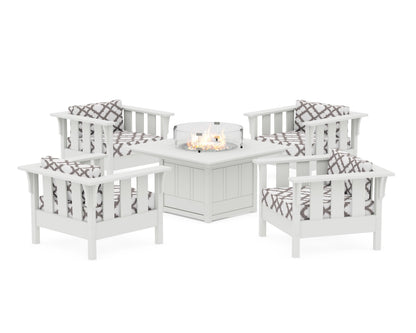 Martha Stewart by POLYWOOD® Acadia 5-Piece Deep Seating Set with Fire Pit Table in White / Trellis Grey Mist