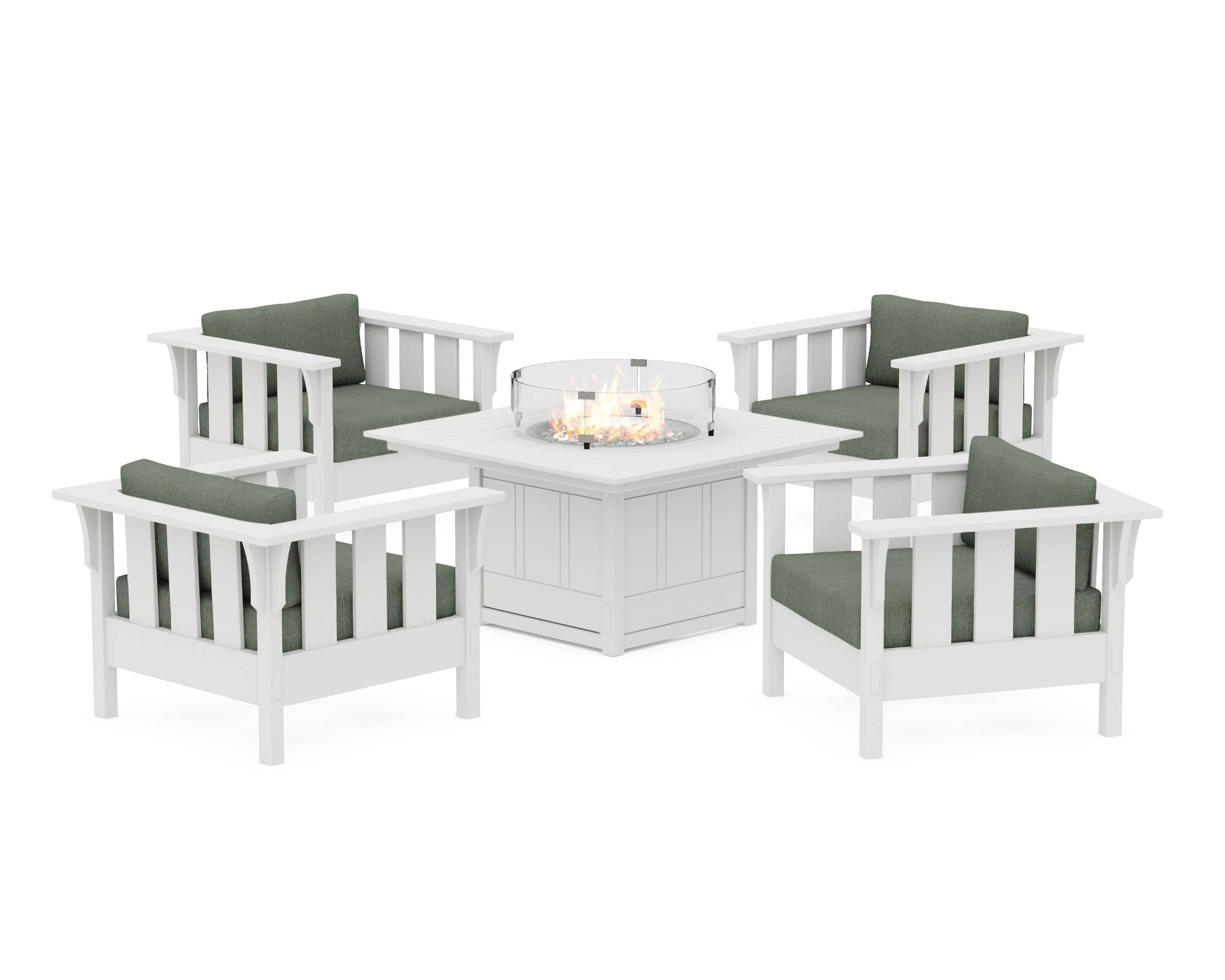 Martha Stewart by POLYWOOD® Acadia 5-Piece Deep Seating Set with Fire Pit Table in White / Cast Sage
