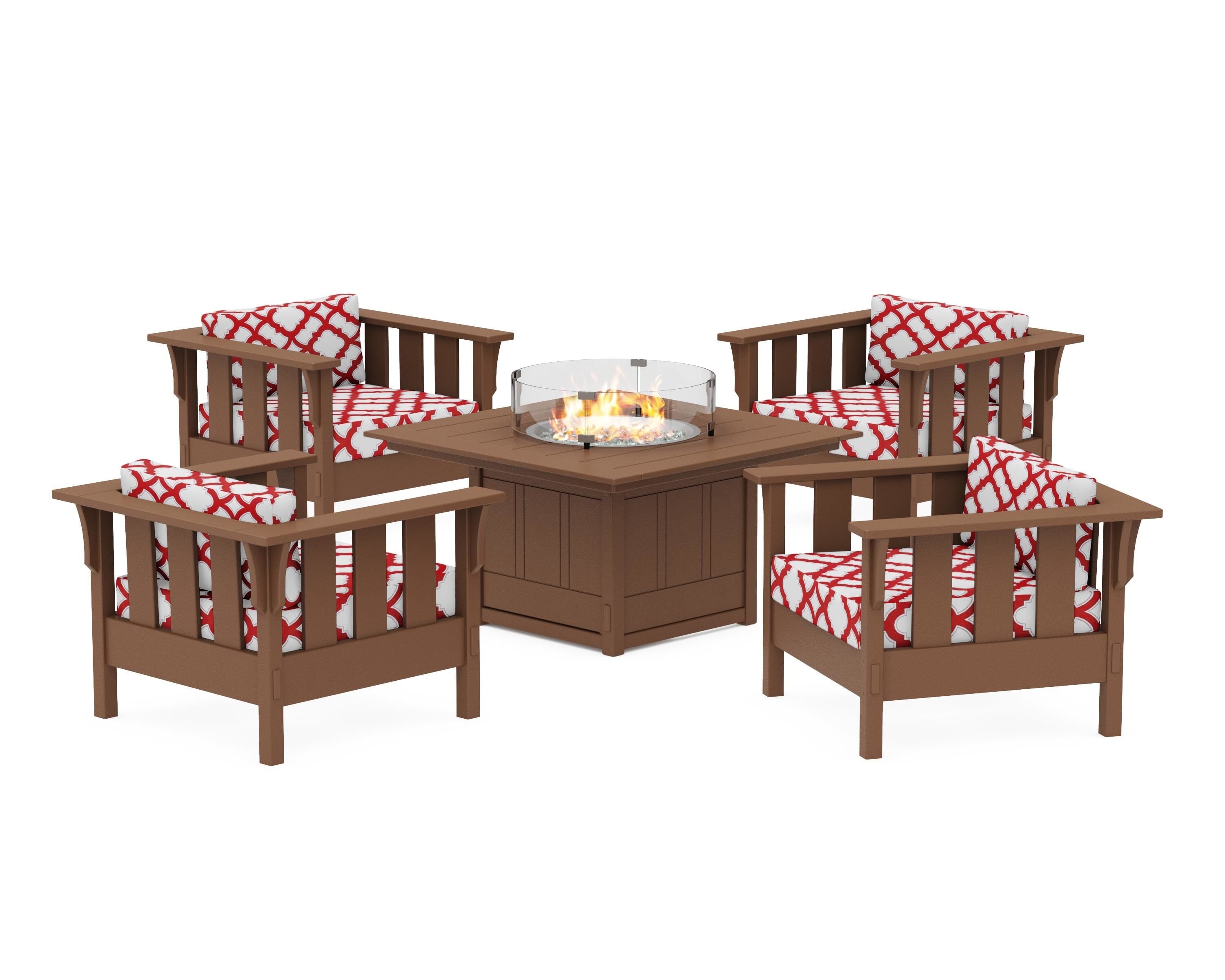 Martha Stewart by POLYWOOD® Acadia 5-Piece Deep Seating Set with Fire Pit Table in Teak / Trellis Crimson