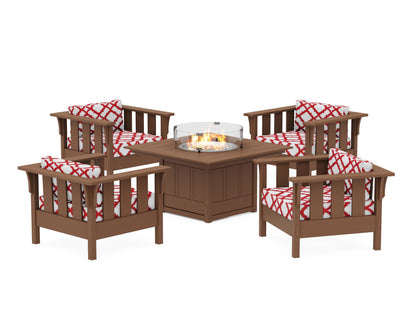 Martha Stewart by POLYWOOD® Acadia 5-Piece Deep Seating Set with Fire Pit Table in Teak / Trellis Crimson