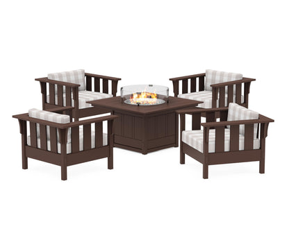 Martha Stewart by POLYWOOD® Acadia 5-Piece Deep Seating Set with Fire Pit Table in Mahogany / Buffalo Plaid Dune Burlap