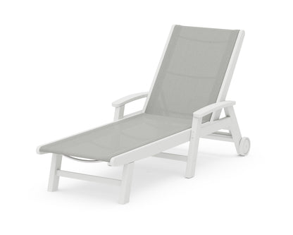 POLYWOOD® Coastal Chaise with Wheels in White / Metallic Sling