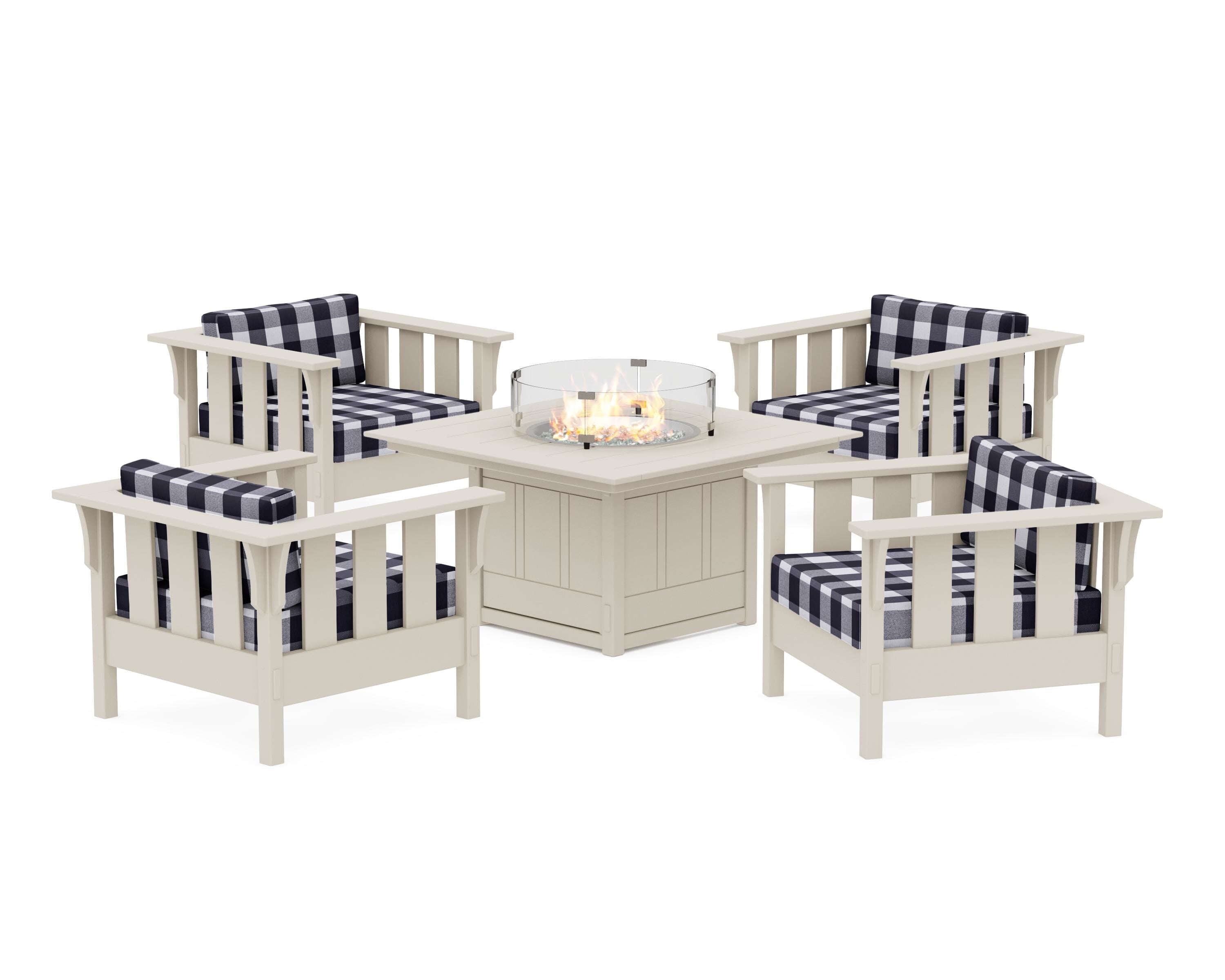 Martha Stewart by POLYWOOD® Acadia 5-Piece Deep Seating Set with Fire Pit Table in Sand / Buffalo Plaid Navy