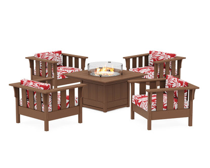 Martha Stewart by POLYWOOD® Acadia 5-Piece Deep Seating Set with Fire Pit Table in Teak / Leaf Crimson